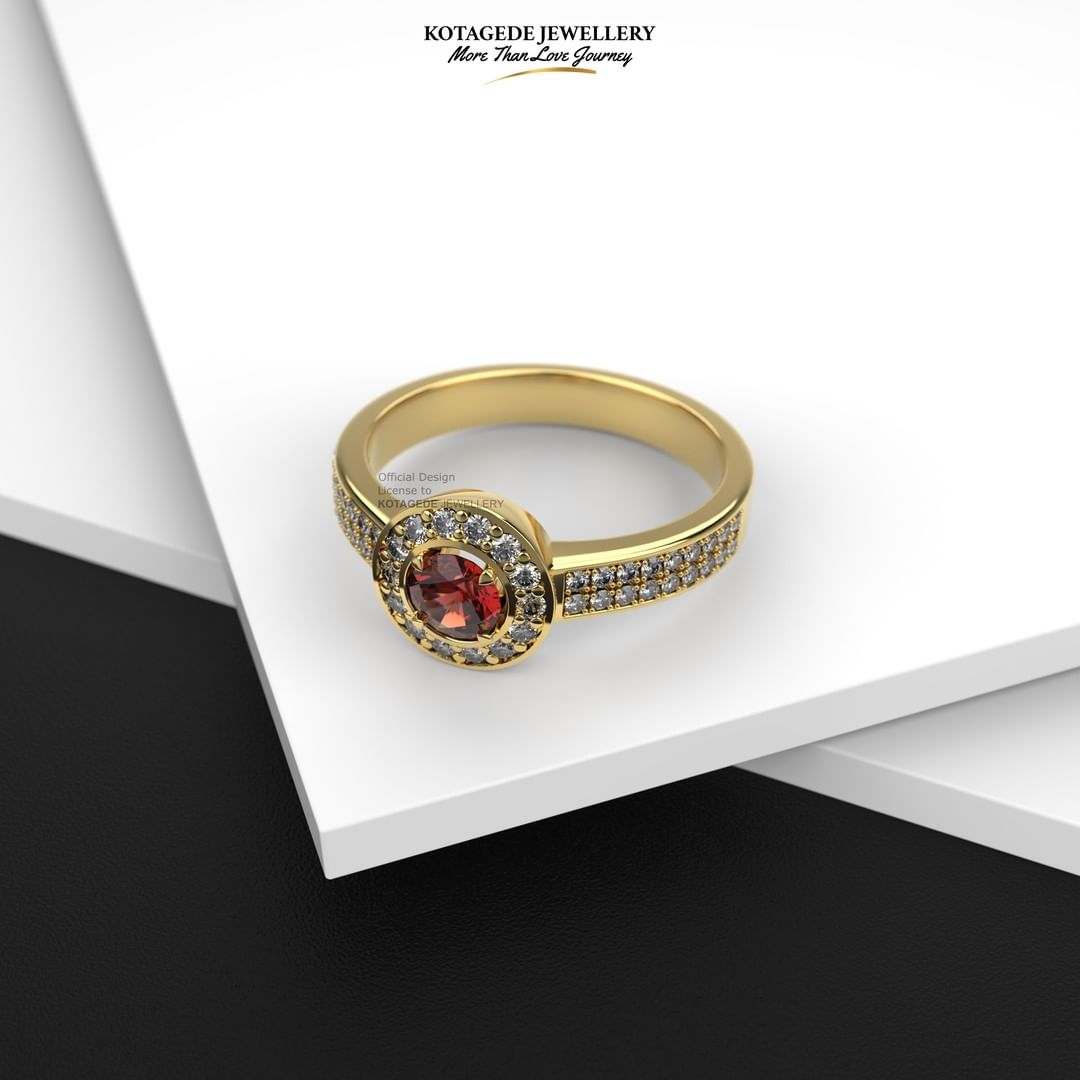 Cincin Kawin Tunangan Emas Kuning Halo Solitaire Red Ruby YG0636